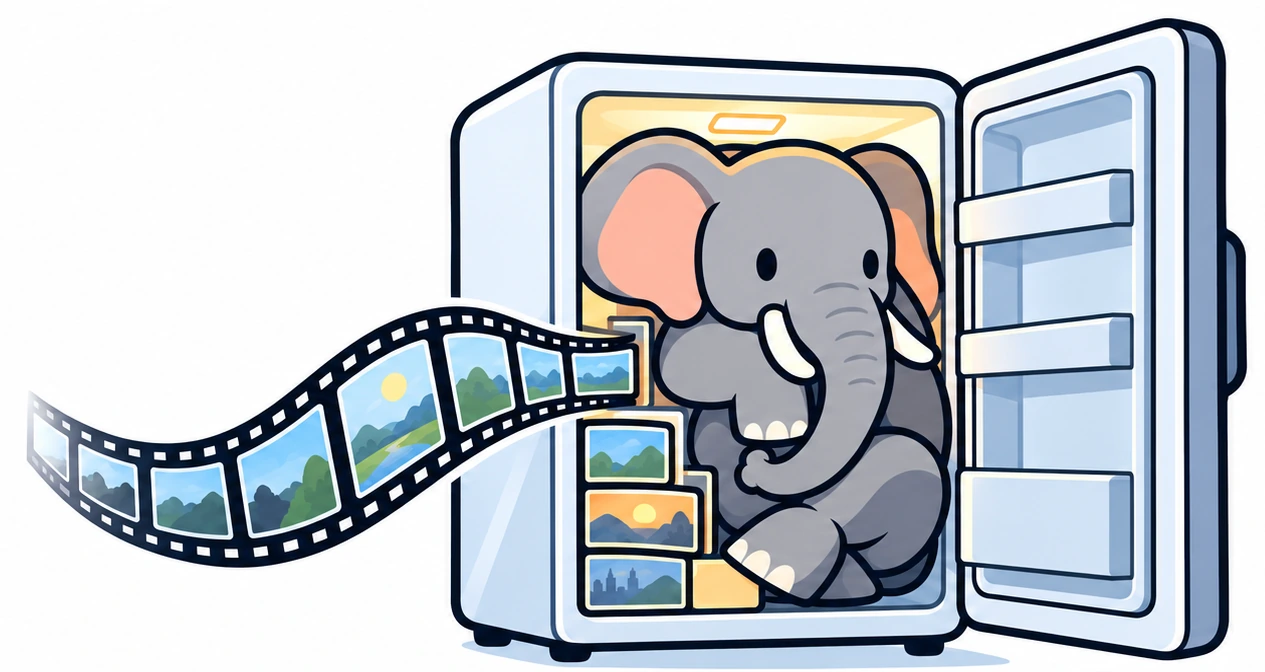 An elephant in a refrigerator with a filmstrip